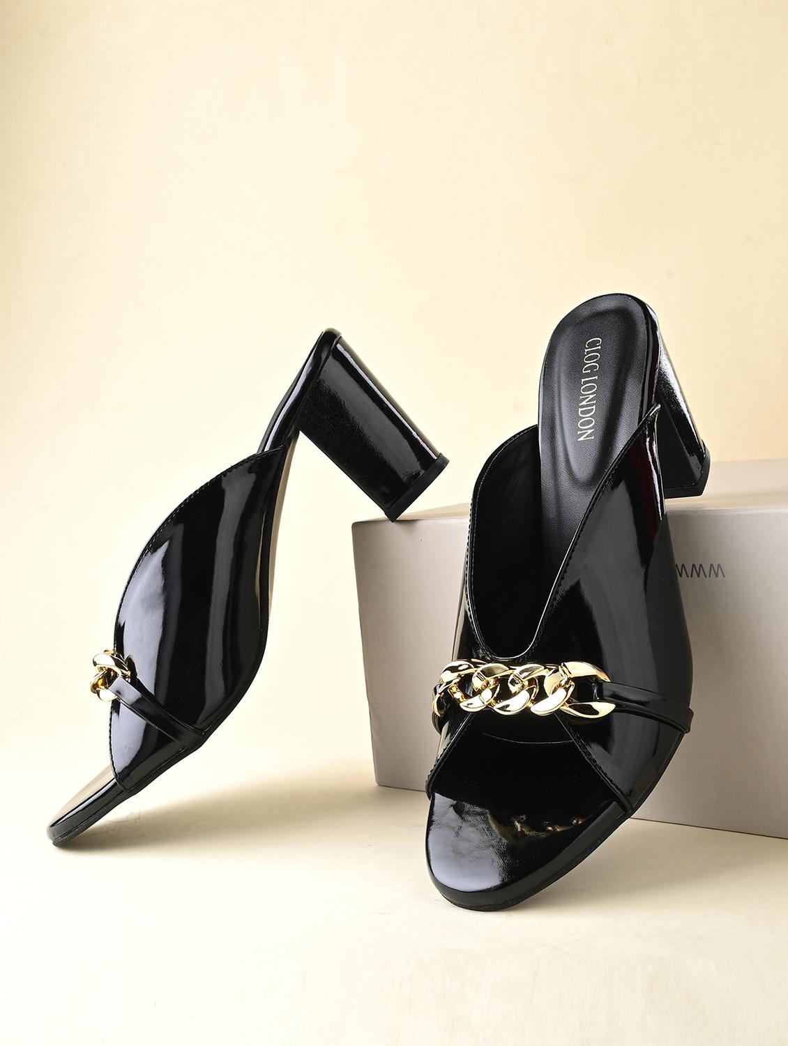 black synthetic slip on sandals