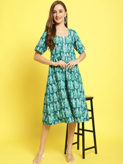 green printed a-line ethnic dress - 20061607 - Standard Image - 0