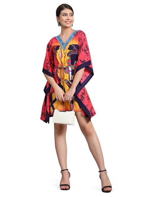 pink & yellow v-neck printed kaftan dress - 20061692 -  Standard Image - 0