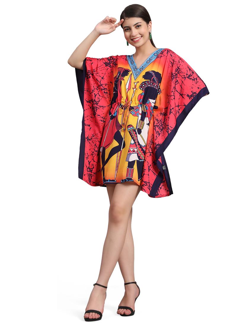 pink & yellow v-neck printed kaftan dress - 20061692 - Standard Image - 3