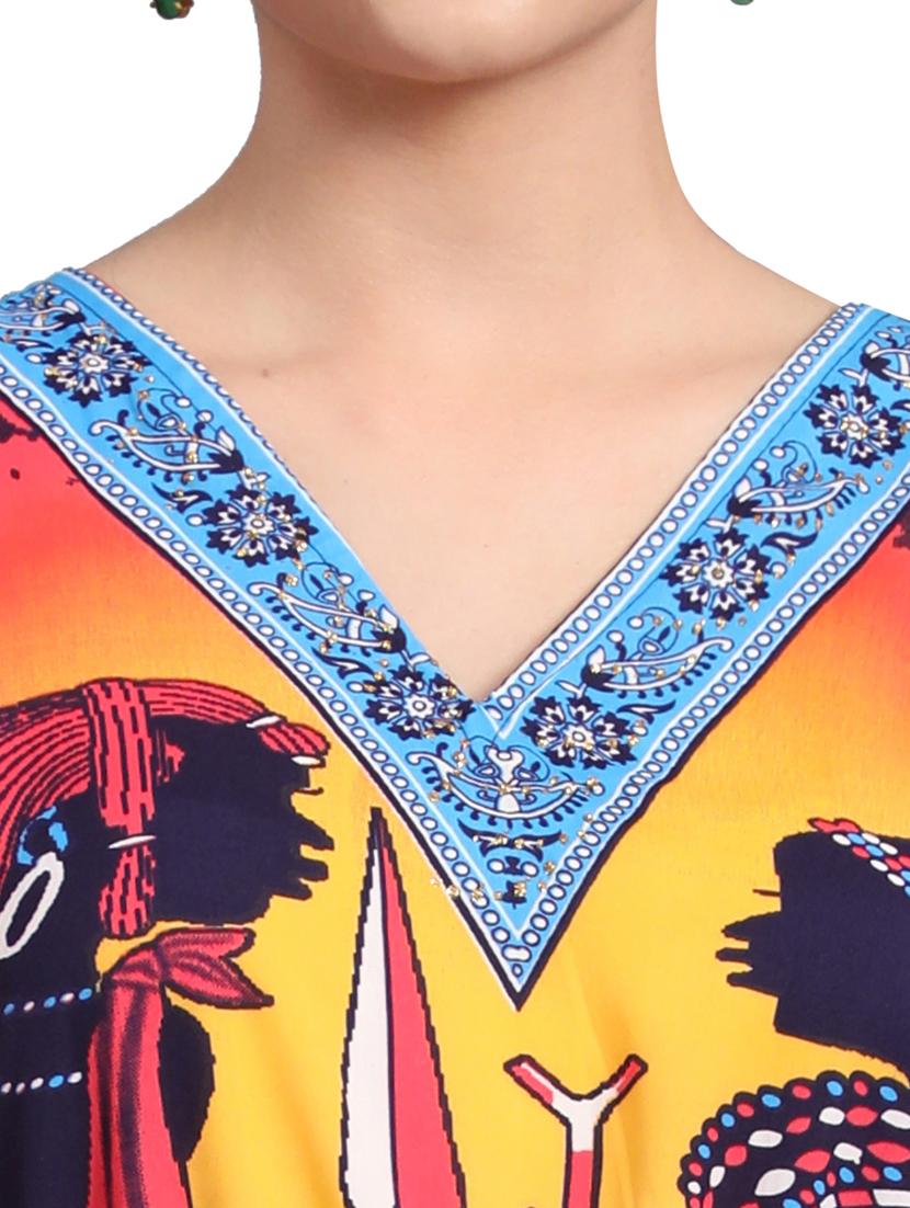 pink & yellow v-neck printed kaftan dress - 20061692 - Standard Image - 5
