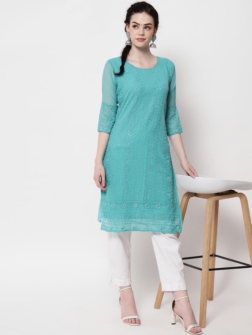 round neck tonal embroidered straight kurta - 20067043 - Standard Image - 3