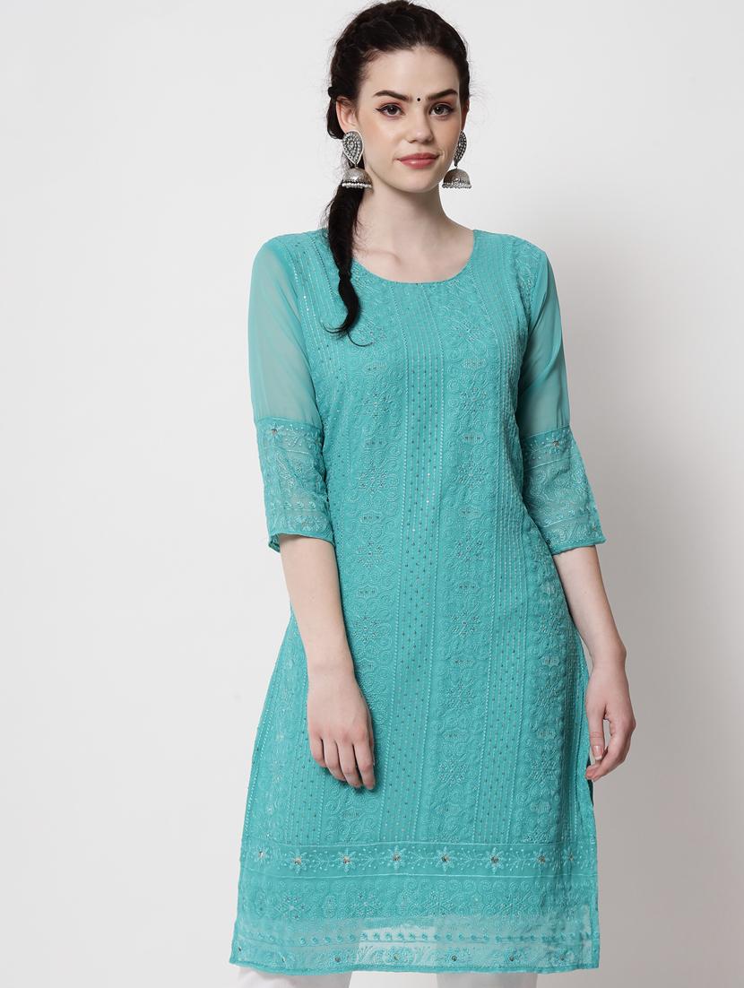round neck tonal embroidered straight kurta - 20067046 - Zoom Image - 0