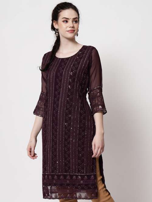 round neck tonal embroidered straight kurta - 20067052 - Standard Image - 0