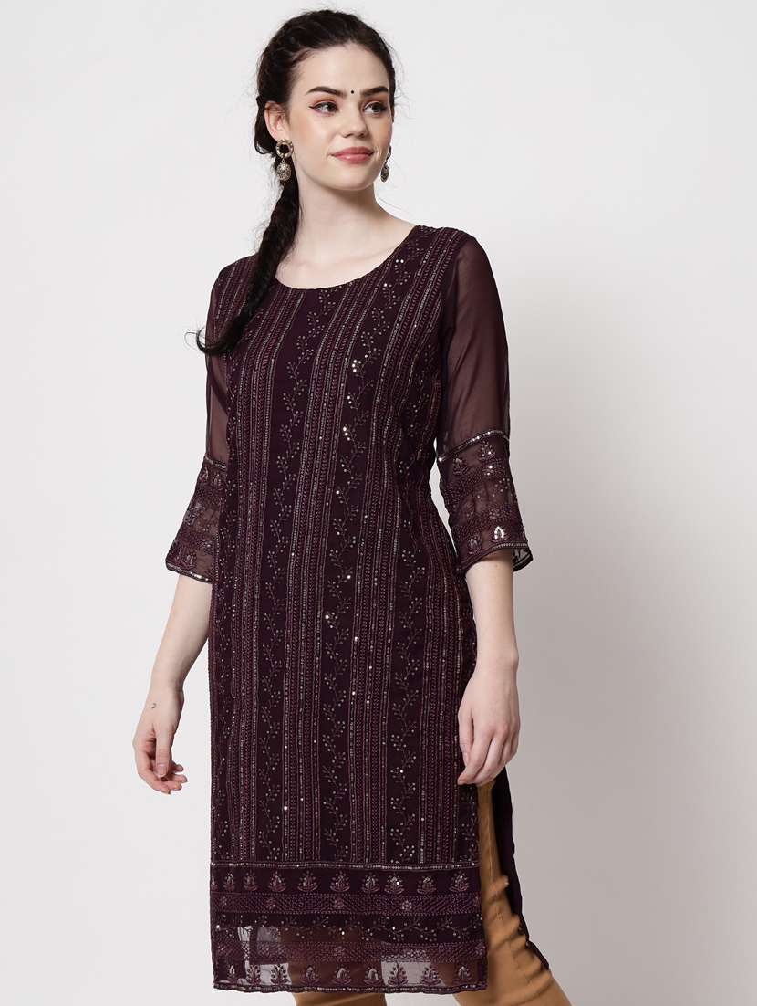 round neck tonal embroidered straight kurta - 20067052 - Zoom Image - 0