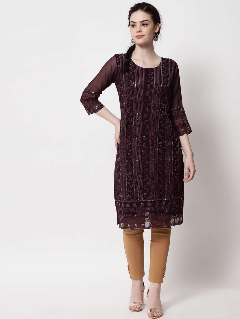 round neck tonal embroidered straight kurta - 20067052 - Standard Image - 3