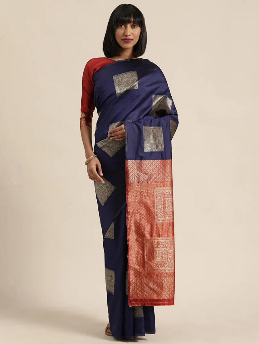 navy silk banarasi saree with blouse - 20067679 - Zoom Image - 0