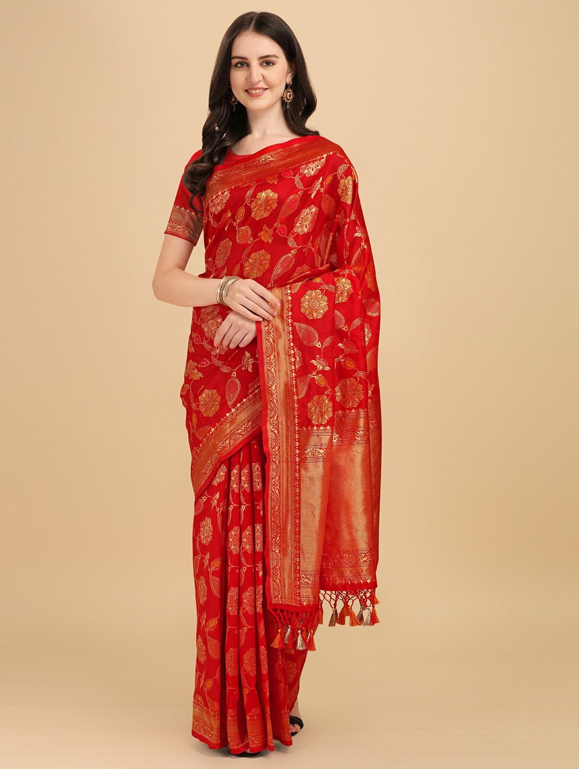 red silk banarasi saree with blouse - 20067686 - Zoom Image - 0