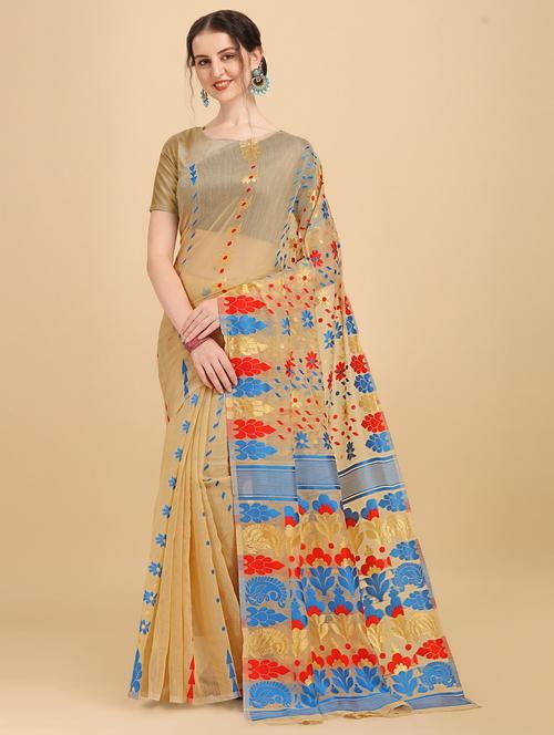 beige jamdani saree with blouse - 20067768 - Standard Image - 0