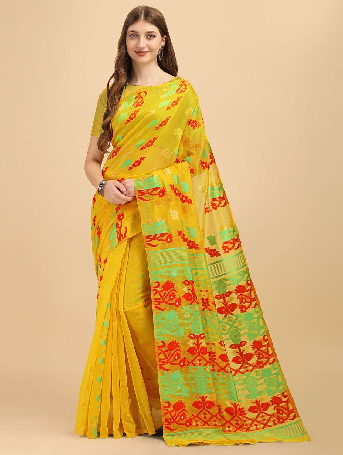 yellow jamdani saree with blouse - 20067784 -  Zoom Image - 0