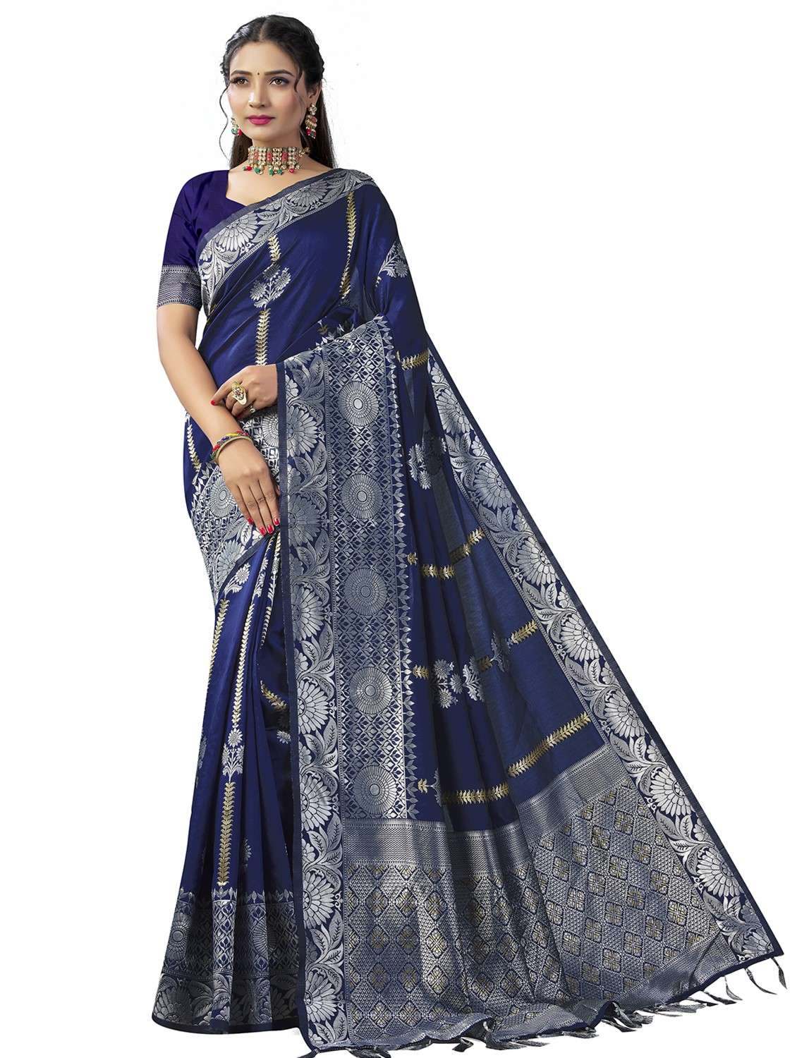 navy blue banarasi saree with blouse - 20067800 -  Zoom Image - 0