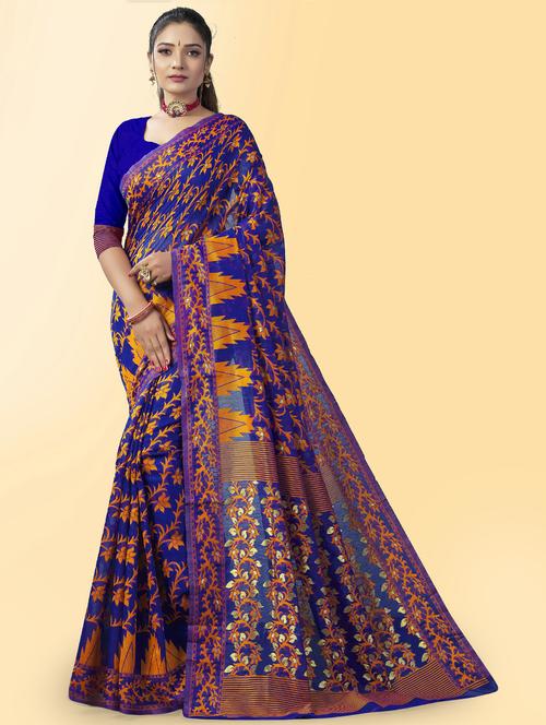 blue jamdani saree with blouse - 20067902 - Standard Image - 0