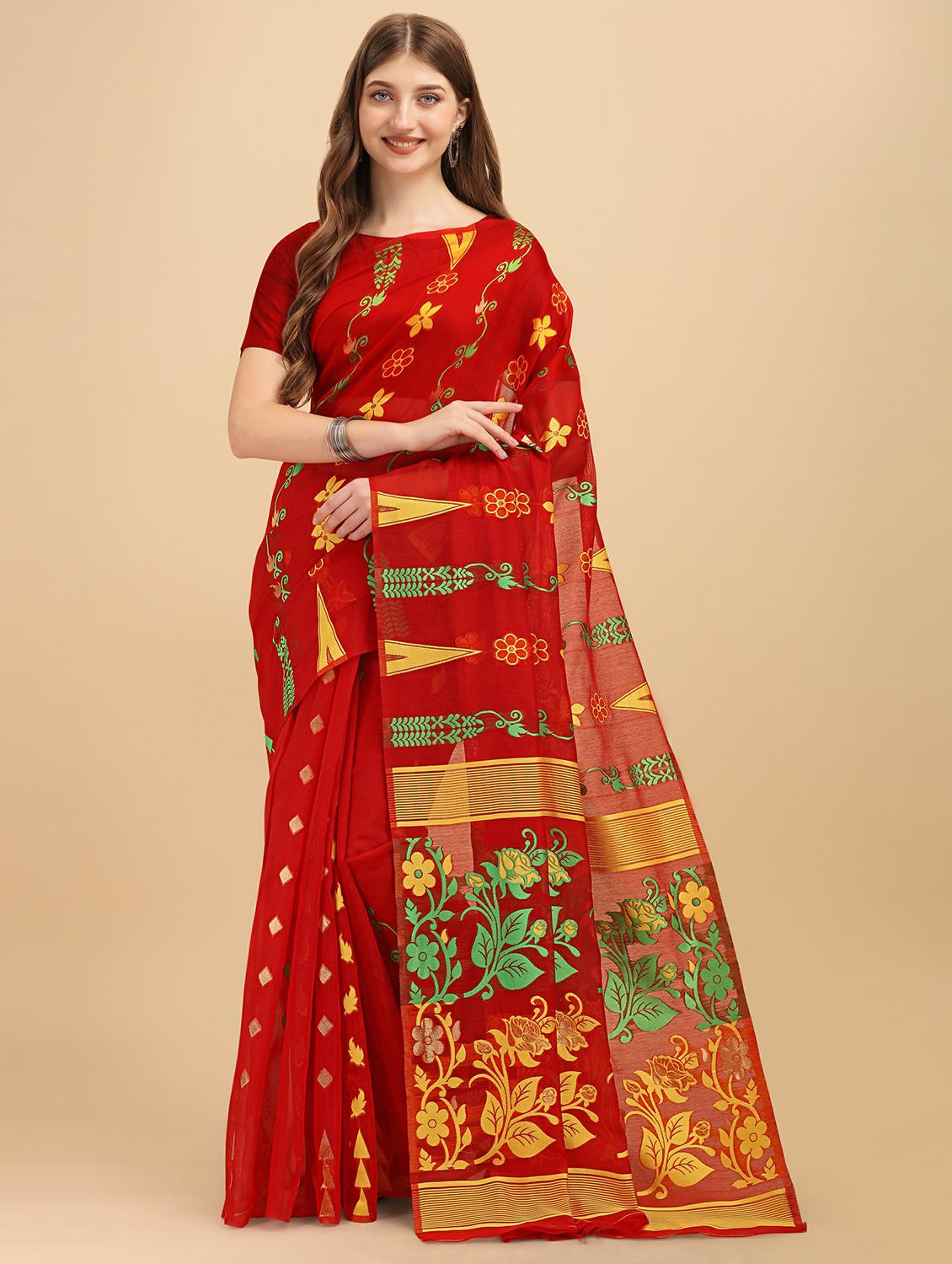 red jamdani saree with blouse - 20067940 - Zoom Image - 0