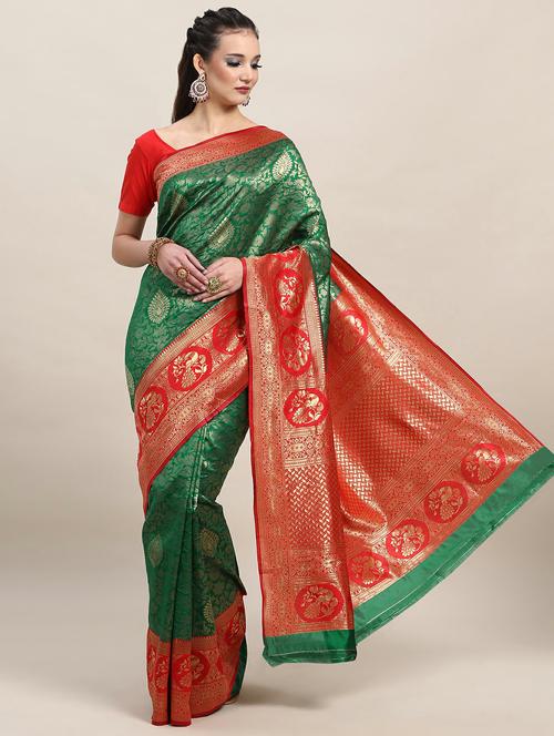 green silk banarasi saree with blouse - 20068023 -  Standard Image - 0