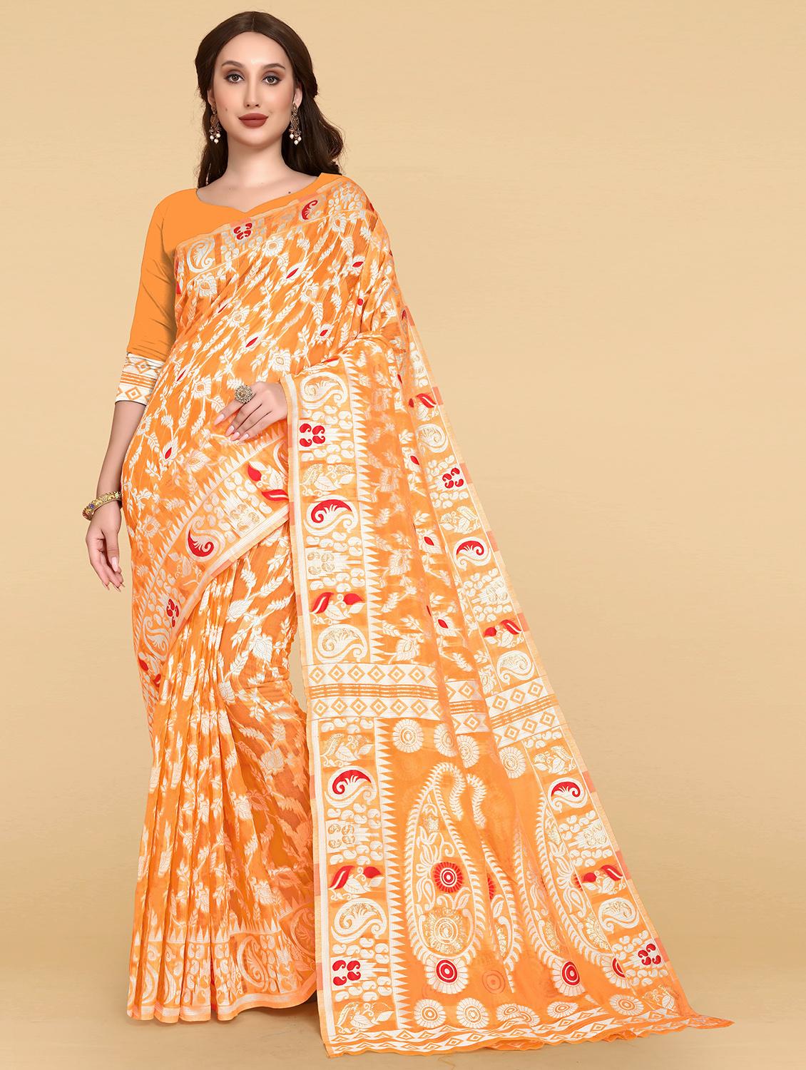 orange silk banarasi saree with blouse - 20068056 - Zoom Image - 0