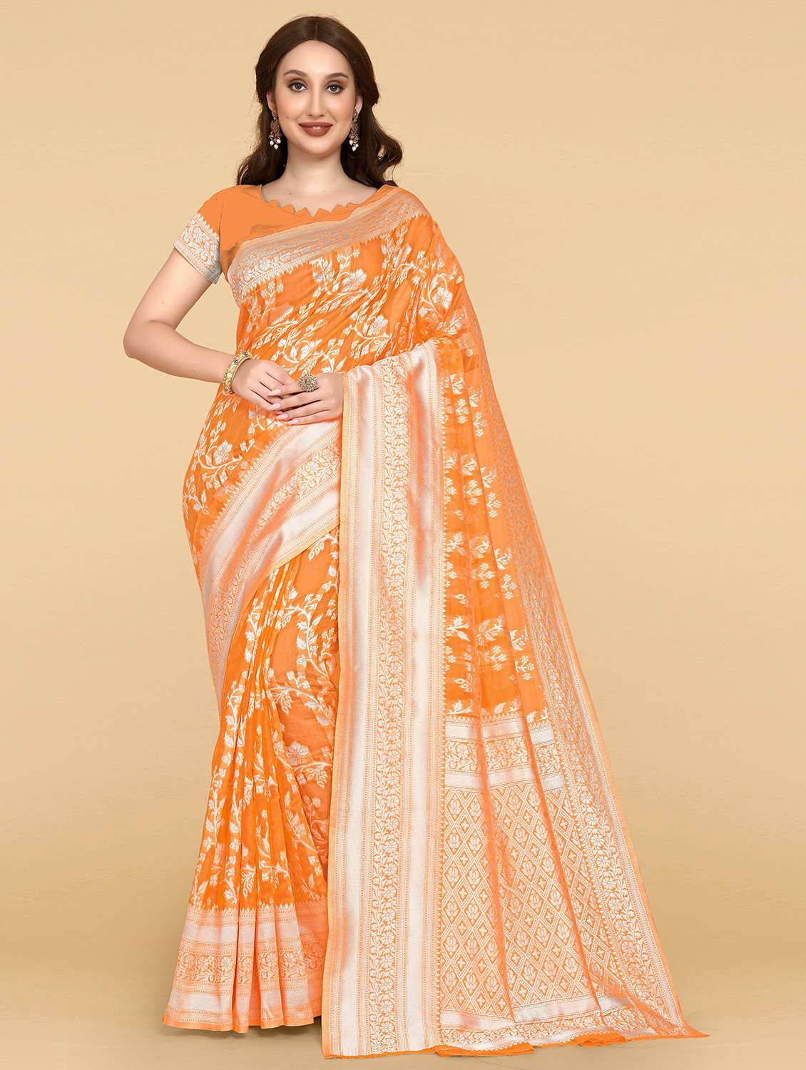 orange silk banarasi saree - 20068069 -  Zoom Image - 0