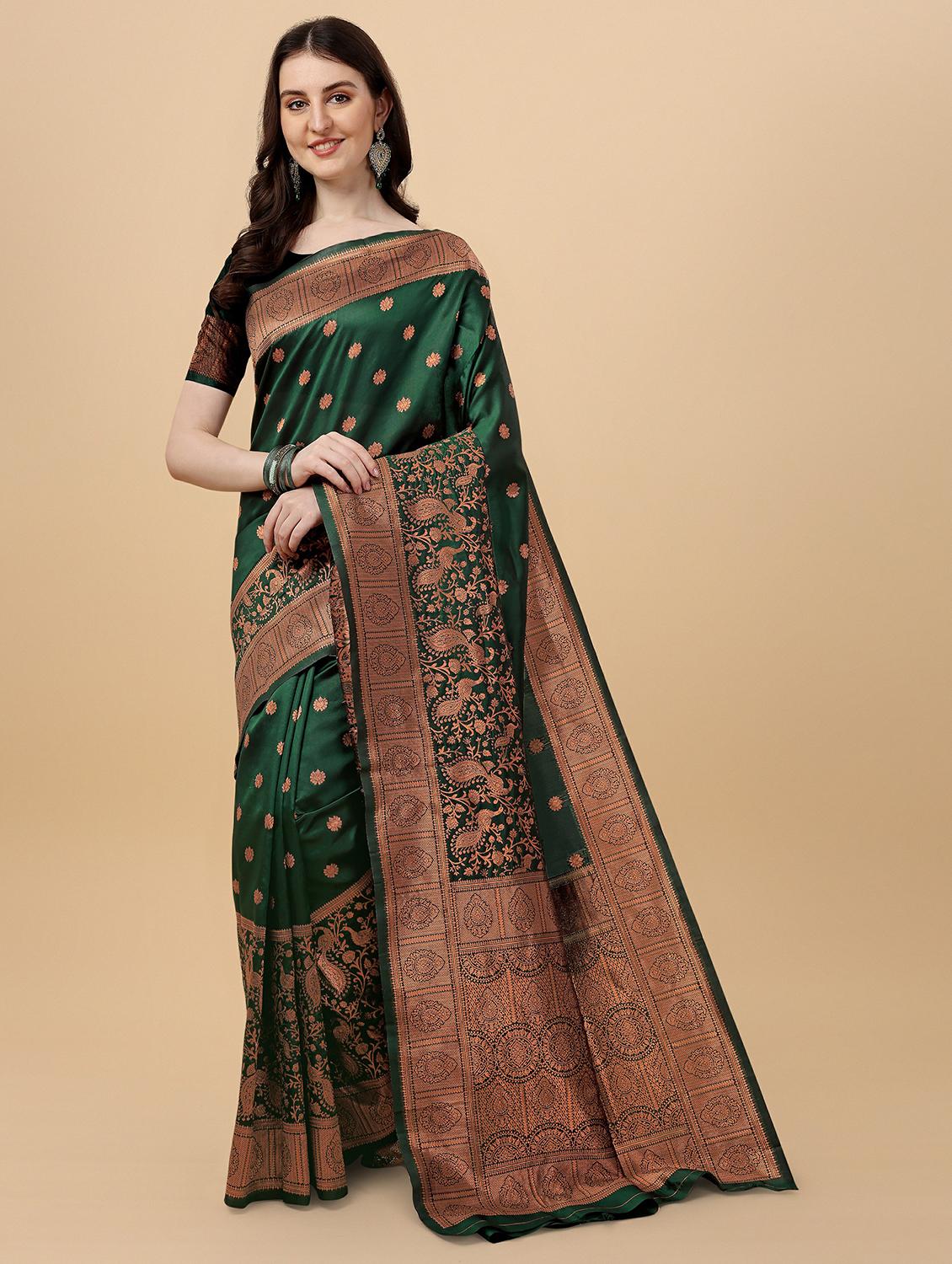 green silk banarasi saree with blouse - 20068118 - Zoom Image - 0