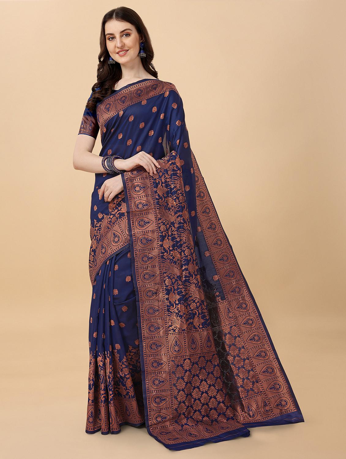 navy silk banarasi saree with blouse - 20068120 -  Zoom Image - 0