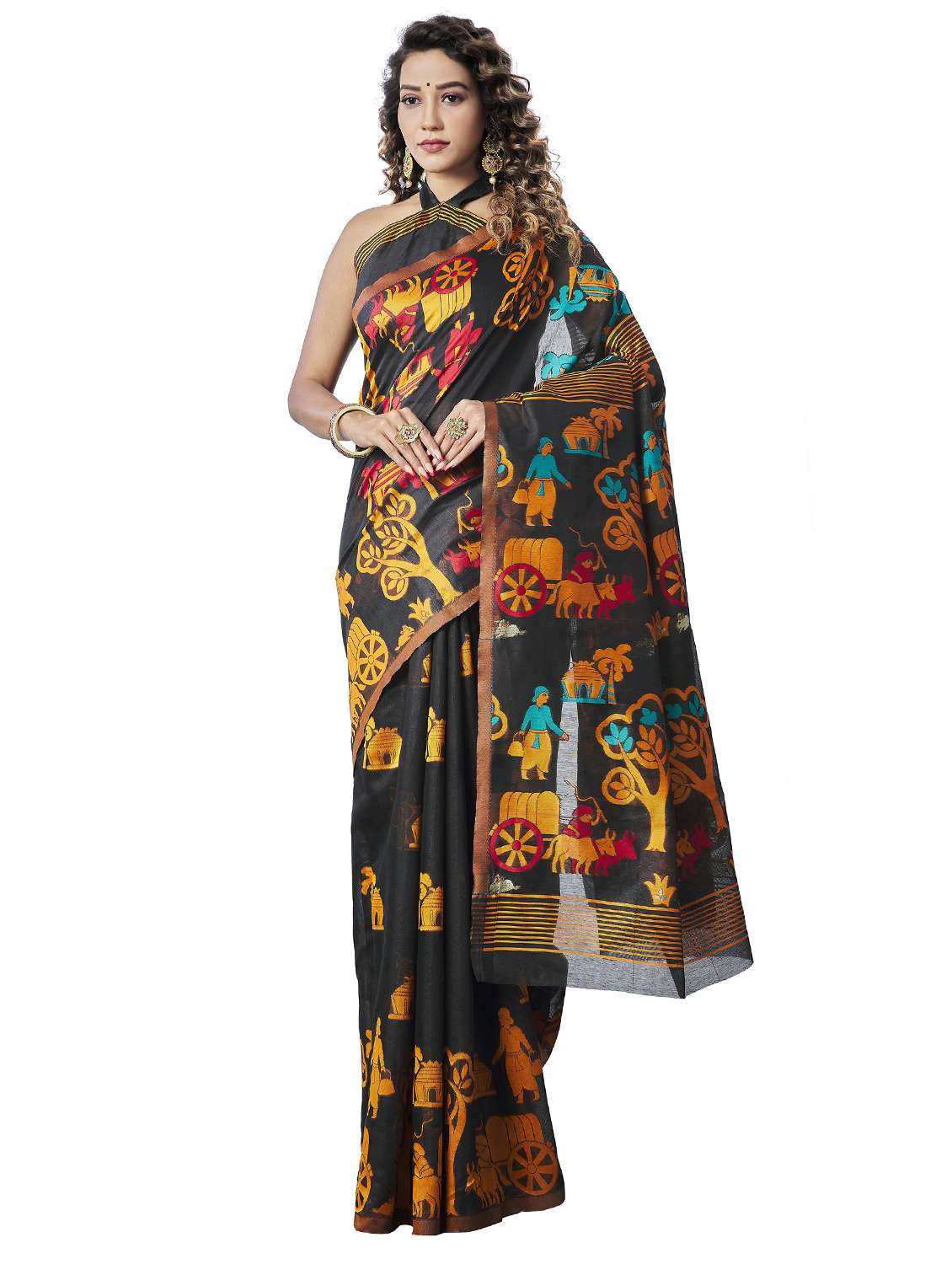 black printed jamdani saree with blouse - 20068127 -  Zoom Image - 0