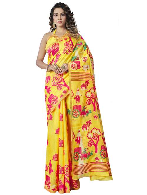 yellow printed jamdani saree with blouse - 20068136 -  Standard Image - 0