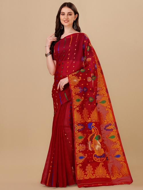 red jamdani saree with blouse - 20068175 - Standard Image - 0