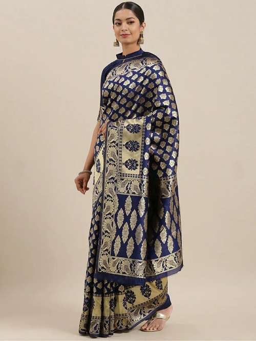 navy blue banarasi saree with blouse - 20068203 -  Standard Image - 0