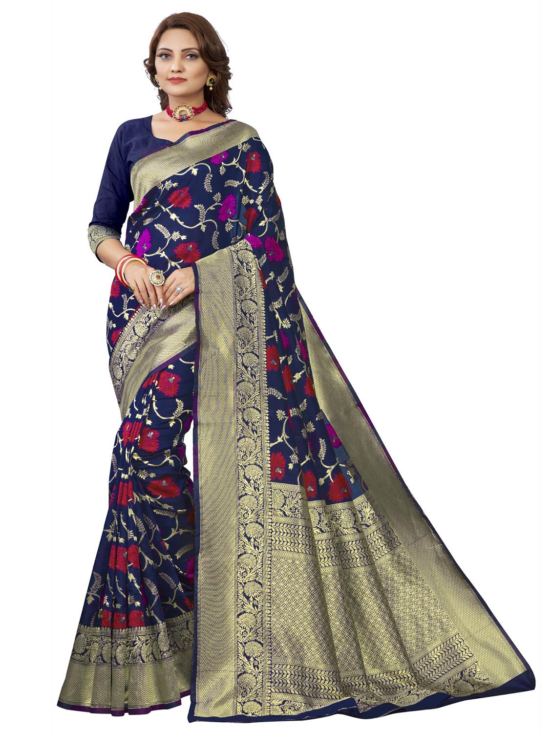 navy blue banarasi saree with blouse - 20068221 - Zoom Image - 0