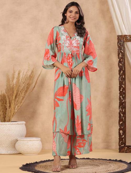 printed flared kurta palazzo set - 20068457 -  Standard Image - 0