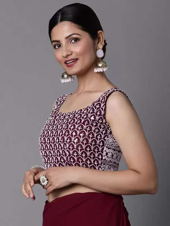 women's solid maroon colored saree with blouse - 20068641 -  Standard Image - 3