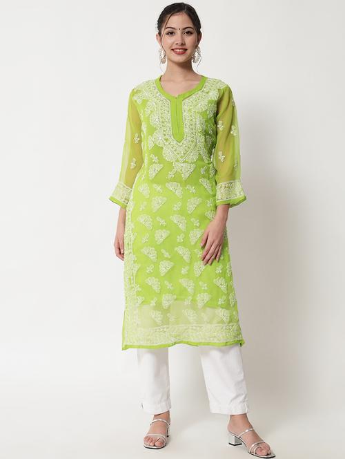 round neck chikankari straight long kurta - 20070414 - Standard Image - 0