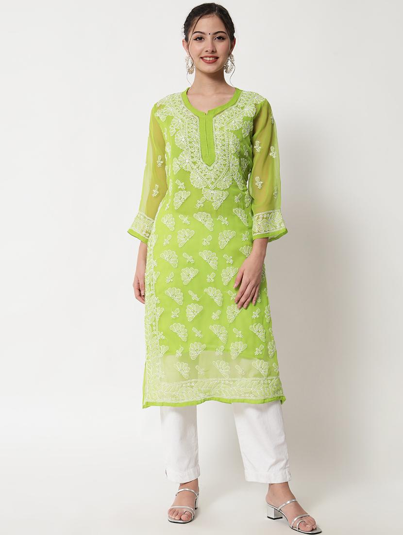 round neck chikankari straight long kurta - 20070414 - Zoom Image - 0