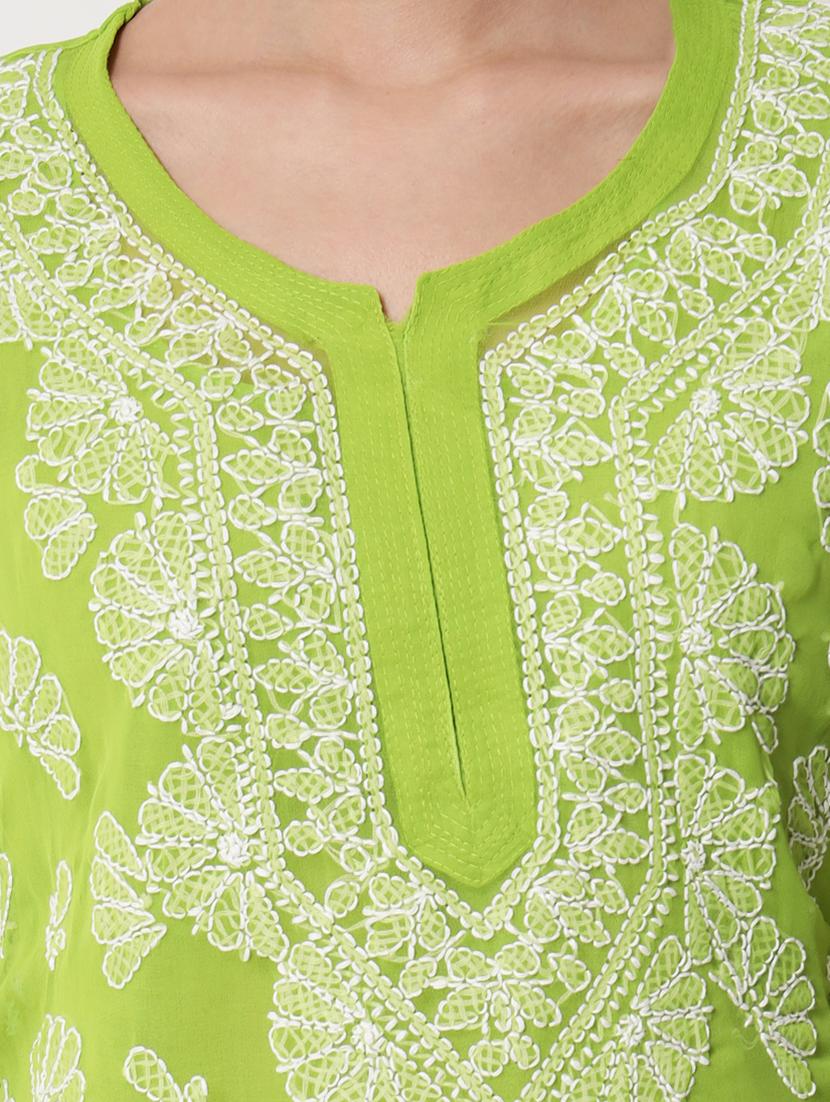 round neck chikankari straight long kurta - 20070414 - Standard Image - 3