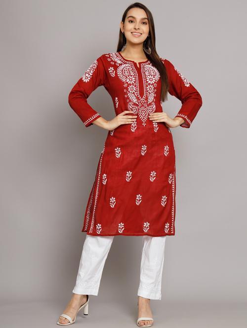 maroon chikankari straight kurta - 20070447 - Standard Image - 0