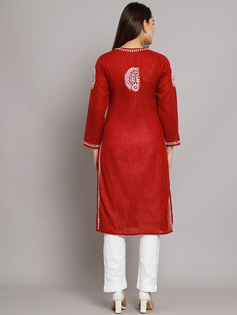 maroon chikankari straight kurta - 20070447 - Standard Image - 3