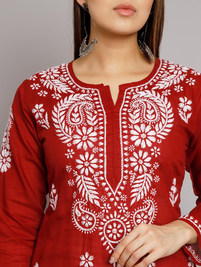 maroon chikankari straight kurta - 20070447 - Standard Image - 5