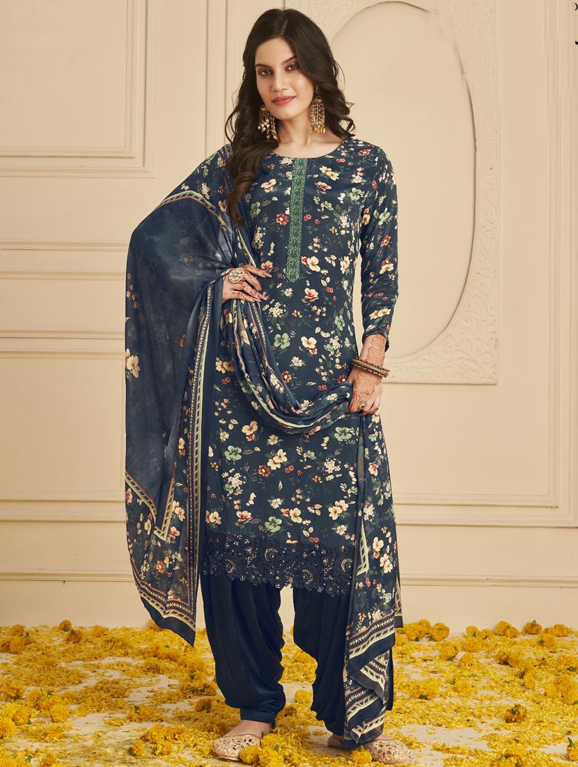 navy printed unstitched suit set - 20072420 -  Zoom Image - 0