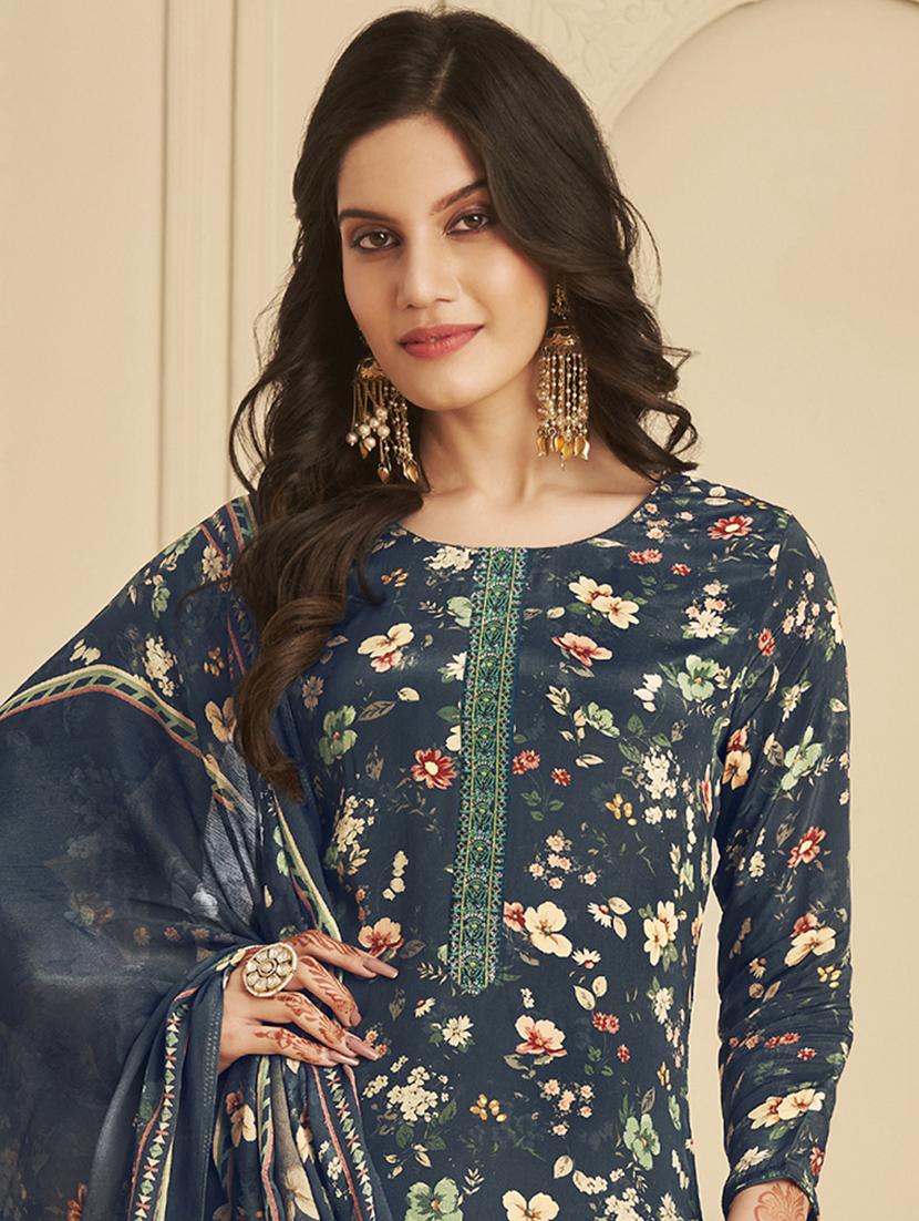 navy printed unstitched suit set - 20072420 - Standard Image - 3