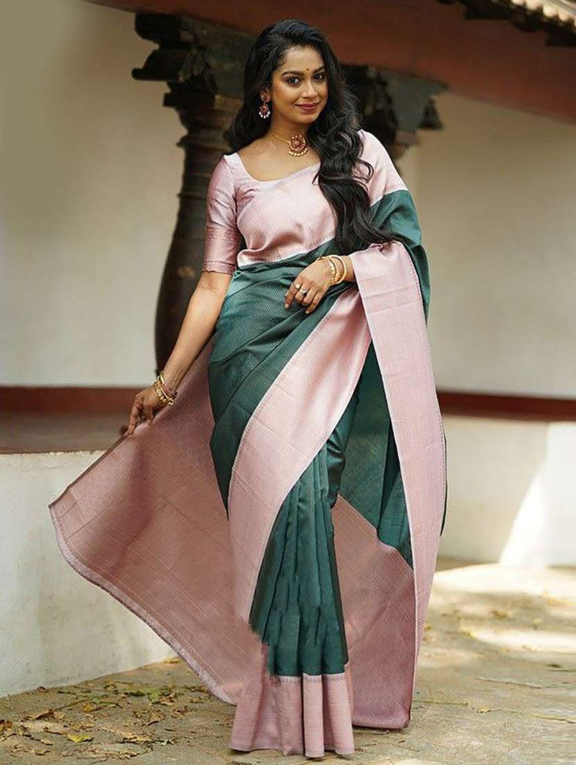women's bordered royal blue colored saree with blouse