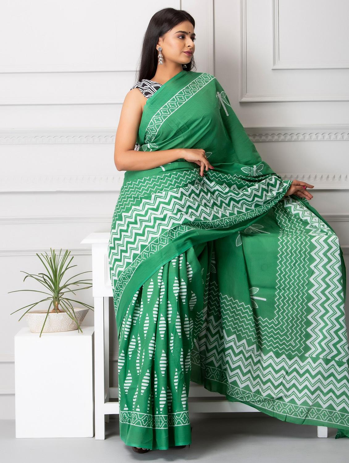 hand block printed saree with blouse - 20078227 -  Zoom Image - 0