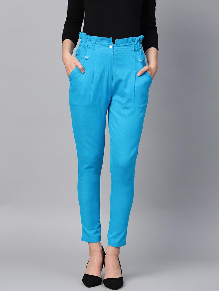 blue solid flat front ankle length trouser - 20083206 - Zoom Image - 0