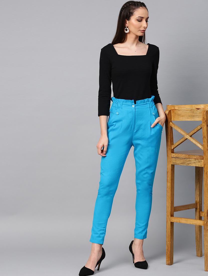 blue solid flat front ankle length trouser - 20083206 - Standard Image - 3