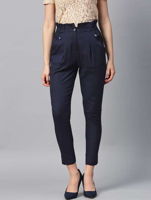navy blue solid flat front ankle length trouser - 20083207 -  Standard Image - 0