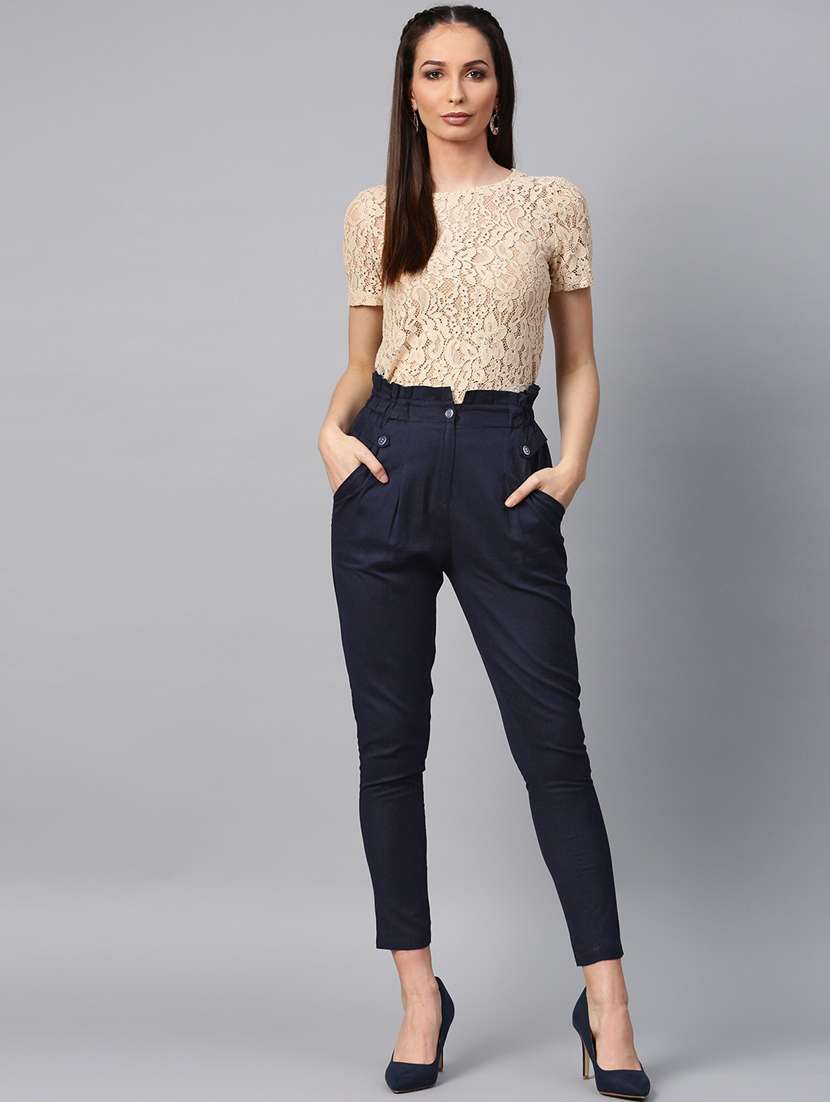 navy blue solid flat front ankle length trouser - 20083207 - Standard Image - 3