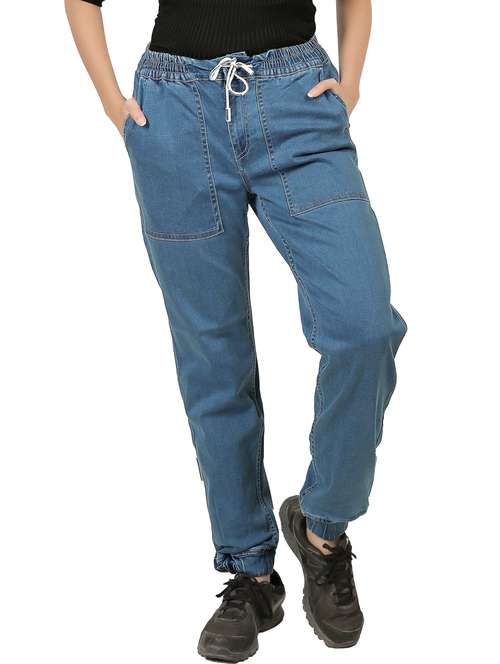light blue solid mid rise denim jogger - 20085283 - Standard Image - 0