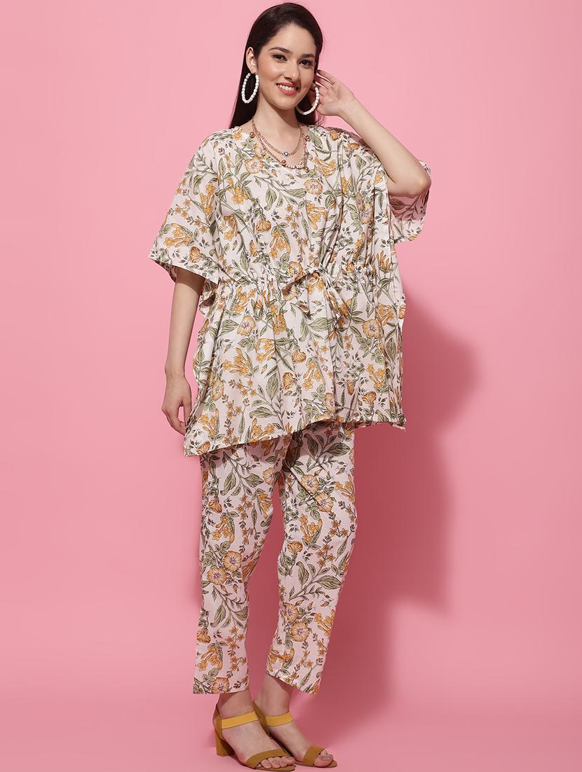 v neck printed kaftan and loungepant set - 20085454 - Zoom Image - 0