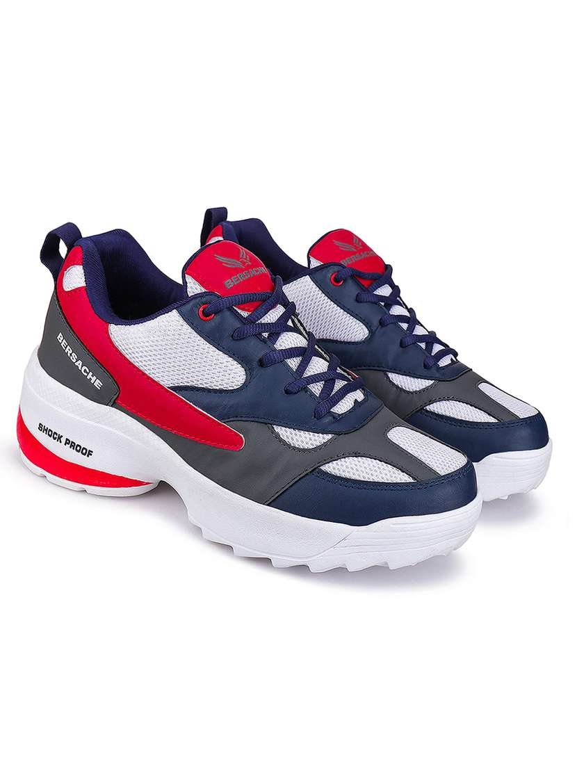 red & blue color blocked lace-up sneakers