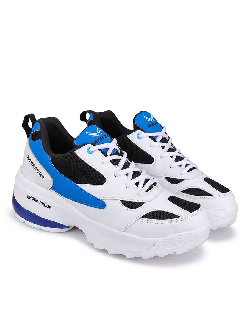 white & blue color blocked lace-up sneakers