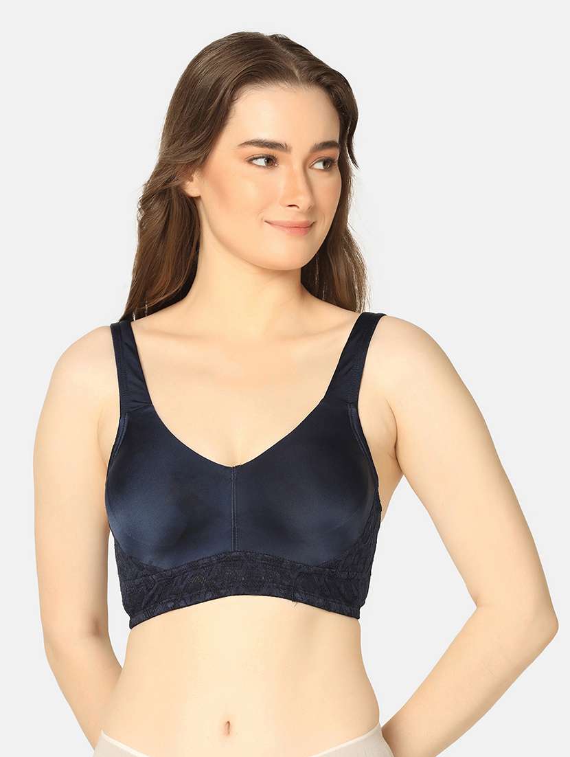 blue nylon minimizer bra