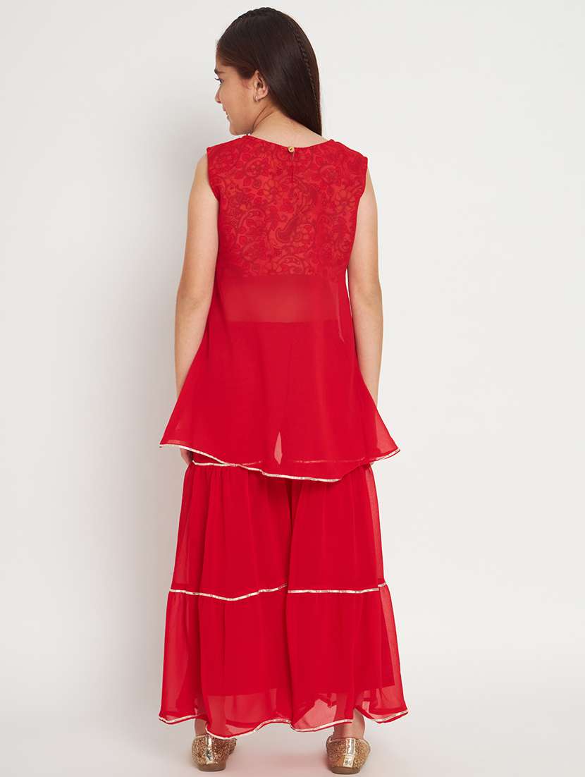 red sleeveless kurta sharara set - 20117182 -  Standard Image - 3