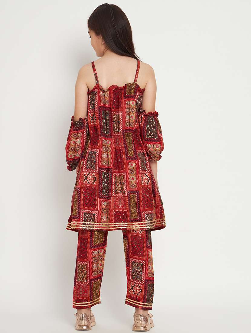 red printed cold sholuder kurta pant set - 20117193 - Standard Image - 3